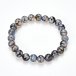 Steel Blue Natural Dragon Veins Agate Beaded Stretch Bracelets, Dyed, Round, Steel Blue, 2-1/8 inch(55mm)
