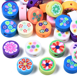 Mixed Color Handmade Polymer Clay Beads, for DIY Jewelry Crafts Supplies, Flat Round with Flower, Mixed Color, 9.5~10x4.5mm, Hole: 1.8mm