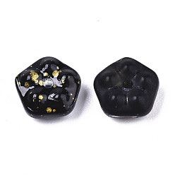 Noir Perles de verre imprimées , une feuille d'or, fleur, noir, 6x3mm, Trou: 0.9mm