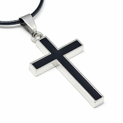 Black Alloy Enamel Pendant Necklaces, with Waxed Cord and Iron End Chains, Cross, Black, 17.3 inch(44cm)