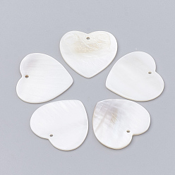 Seashell Color Freshwater Shell Pendants, Heart, Seashell Color, 26~27x27~28x1~2mm, Hole: 1mm
