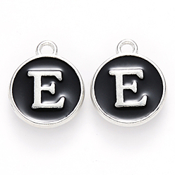 Letter E Platinum Plated Alloy Charms, Cadmium Free & Lead Free, with Enamel, Enamelled Sequins, Flat Round with Letter, Letter.E, 14x12x2mm, Hole: 1.5mm