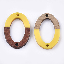 Gold Resin & Walnut Wood Links connectors, Oval, Gold, 28.5x19.5x3~4mm, Hole: 1.8mm