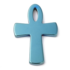 Blue Plated Electroplated Synthetic Non-magnetic Hematite Pendants, Religion Cross Charms, Blue Plated, 49x33.5x4mm, Hole: 1mm