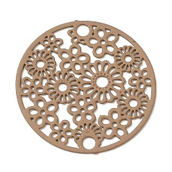 Tan 430 Stainless Steel Connector Charms, Etched Metal Embellishments, Flat Round with Flower Links, Tan, 20x0.5mm, Hole: 1.8mm