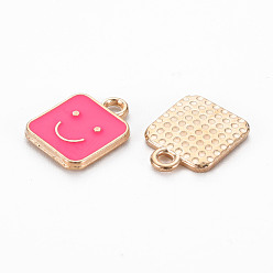 Deep Pink Alloy Enamel Charms, Cadmium Free & Lead Free, Light Gold, Square with Smile, Deep Pink, 13x10x1.5mm, Hole: 1.6mm