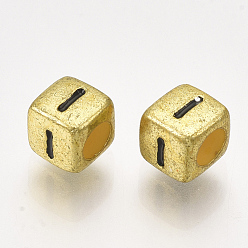 Letter I Acrylic Beads, Horizontal Hole, Metallic Plated, Cube with Letter.I, 6x6x6mm, 2600pcs/500g