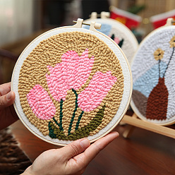Flower DIY Punch Embroidery Starter Kit, Including Fabric, Yarns, Punch Needle, Embroidery Hoop, Tulip Pattern, 200x200mm