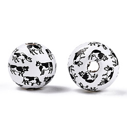 White Printed Schima Wooden Beads, Round with Cow Pattern, White, 16x14.5mm, Hole: 3.8mm