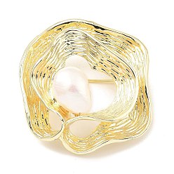 Real 14K Gold Plated Brass Ribbon Brooch, Natural Baroque Pearl Jewely for Women, Real 14K Gold Plated, 44x44x22mm