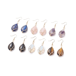 Mixed Stone Teardrop Gemstone with Tree Dangle Earrings, Copper Wire Wrap Jewelry for Women, Golden, 50mm, Pin: 0.6mm