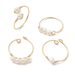 Oro Anillo abierto de perlas cultivadas naturales de agua dulce envueltas en alambre de cobre, anillo de dedo del puño para las mujeres, dorado, 5~10.5 mm, diámetro interior: 19.3~20 mm, 4 PC / sistema