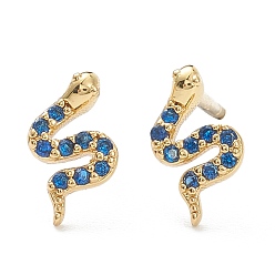Real 18K Gold Plated Brass Micro Pave Cubic Zirconia Stud Earrings, Snake, Blue, Real 18K Gold Plated, 8x5mm, Pin: 0.8mm
