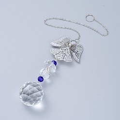Azul Adornos de prisma de araña de bola de cristal colgante suncatcher, con las cadenas de cable de hierro, Perlas de vidrio, colgantes de cristal y latón, ángel, azul, 335 mm