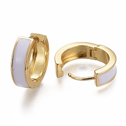 White Brass Huggie Hoop Earrings, with Enamel, Long-Lasting Plated, Real 18K Gold Plated, Ring, White, 13x4mm, Pin: 1mm