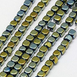 Plaqué Vert Galvanoplastie non magnétiques hématite synthétique brins de perles, cube, Grade a, vert plaqué, 3x3x3mm, Trou: 1mm, Environ 127 pcs/chapelet, 16 pouce