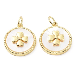 Real 18K Gold Plated Rack Plating Brass Pendants, Shell Flat Round with Clover Charms, Cadmium Free & Lead Free, Real 18K Gold Plated, 17x14.5x4mm, Hole: 3.4mm