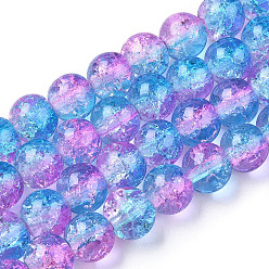 Light Sky Blue Two-Tone Crackle Baking Painted Transparent Glass Beads Strands, Round, Light Sky Blue, 8mm, Hole: 1.5mm, about 108~110pcs/strand, 30.71 inch~31.50 inch(78~80cm)