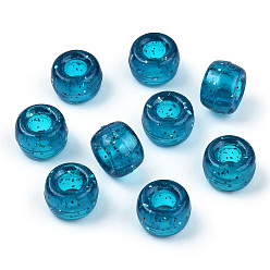 Cyan Foncé Perles en plastique transparentes, avec de la poudre de paillettes, baril, dark cyan, 9x6mm, Trou: 3.8mm, environ1900 pcs / 500 g