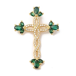 Sea Green Rack Plating Brass Pave Cubic Zirconia Pendants, Cross Charms, Long-Lasting Plated, Cadmium Free & Lead Free, Real 18K Gold Plated, Sea Green, 36x25x6mm, Hole: 4x2mm