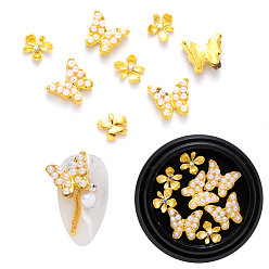 Doré  Accessoires nail art de décoration, avec l'alliage, cristal ab strass et abs plastique imitation perle, fleur et papillon, or, 9.5x11x4 & mm 8x7x2 mm, 8 pcs / boîte