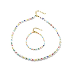 Coloré Bracelet collier en coquillage naturel et perles de verre, ensemble de bijoux pour femmes, colorées, 7-3/8 pouce (18.8 cm), 19.09 pouce (48.5 cm)