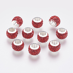 Light Siam 304 Stainless Steel European Beads, with Polymer Clay Rhinestone, Large Hole Beads, Rondelle, Light Siam, 11x7.5mm, Hole: 5mm
