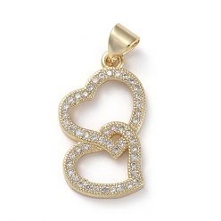 Golden Brass Micro Pave Cubic Zirconia Pendants, Heart to Heart, Clear, Golden, 22.5x13x2mm, Hole: 3x4mm