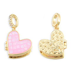 Pink Brass Micro Pave Clear Cubic Zirconia Locket Pendants, with Natural Abalone Shell/Paua Shell, Dyed, Nickel Free, Real 18K Gold Plated, Heart Charm, Pink, 17x17x8mm, Hole: 4x5.5mm