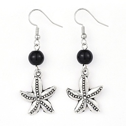 Black Alloy Dangle Earrings, with Glass Beads and Brass Earring Hooks, Starfish/Sea Stars, Black, 54mm, Pin: 0.6mm