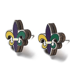 Colorful Printing Wood Stud Earrings for Women, with 316 Stainless Steel Pins, Fleur De Lis, Colorful, 17x16mm