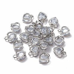 Platinum Heart Alloy Charms, with Cubic Zirconia, Platinum, 12x8.5x5mm, Hole: 1mm