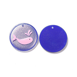 Blue Acrylic Pendants, with Enamel and Glitter Powder, Flat Round with Dolphin Pattern, Blue, 24x2mm, Hole: 1.5mm