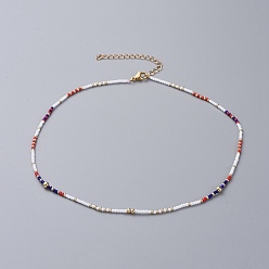 White Seed Beaded Necklaces, with Golden Plated Brass Curb Chains, Brass Round Beads and 304 Stainless Steel Lobster Claw Clasps, White, 16.14 inch~16.73 inch(41~42.5cm)