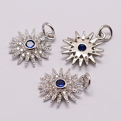 Real Platinum Plated Brass Micro Pave Cubic Zirconia Charms, Flower, Lead Free & Nickel Free & Cadmium Free, Real Platinum Plated, 15x13x3mm, Hole: 3mm