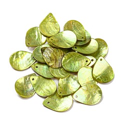 Vert Jaune Pendentifs en coquille d'akoya naturelle peints à la bombe, charmes de larme, vert jaune, 19.5~20x14.5~15x2mm, Trou: 1.5mm