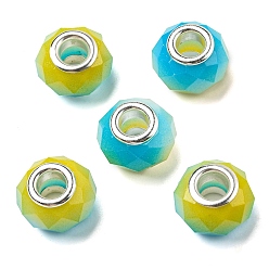 Goldenrod Glass European Beads, Large Hole Beads, with Silver Tone Brass Double Cores, Faceted Rondelle, Goldenrod, 14x9mm, Hole: 5mm