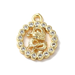 Real 18K Gold Plated Brass Micro Pave Cubic Zirconia Pendants, Flat Round with Dragon, Real 18K Gold Plated, 15x12x2.5mm, Hole: 1.4mm