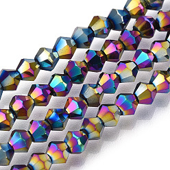  Abalorios de vidrio electrochapdo, arco iris chapado, bicono facetados, multi-color de chapado, 3x3.5 mm, agujero: 1 mm, sobre 125~130 unidades / cadena, 18 pulgada