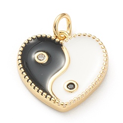 Noir Micro cuivres ouvrent pendentifs zircone cubique, avec l'émail, plaqué longue durée, réel 18 k plaqué or, coeur avec yin yang, noir, 15x15x2.5mm, Trou: 3mm