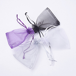 Mixed Color 4 Colors Organza Bags, with Ribbons, Lavender/Light Grey/Black/Dark Orchid, Rectangle, Mixed Color, 11.5~12.5x8.5~9cm, 25pcs/color, 100pcs/set