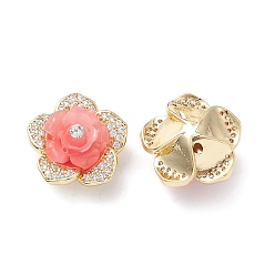 Light Coral Brass Micro Pave Cubic Zirconia Beads, with Grade A Rhinestone & Resin, Lead Free & Cadmium Free, Long-Lasting Plated, Real 18K Gold Plated, Flower, Light Coral, 18x11mm, Hole: 1mm