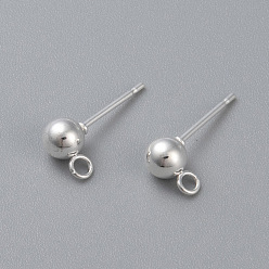 Silver 304 Stainless Steel Ball Stud Earring Post, Earring Findings, with Loop, Round, Silver, 14x3mm, Hole: 2mm, Pin: 0.8mm, Round: 3mm
