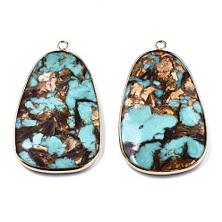 Turquoise Assembled Bronzite and Synthetic Turquoise Big Pendants, with Light Gold Plated Brass Edge and Loop, Egg Stone, Turquoise, 51~52x30~31x5~6mm, Hole: 2mm