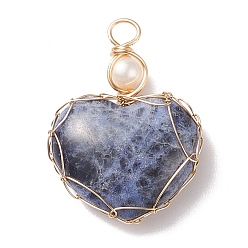 Sodalite Natural Sodalite & Freshwater Pearl Pendants, with Real 18K Gold Plated Copper Wire Wrapped, Heart, 33~36.5x24.5x8.5~11.5mm, Hole: 4mm
