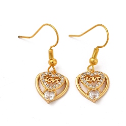 Real 18K Gold Plated Rack Plating Brass Micro Pave Cubic Zirconia Dangle Earrings, Long-Lasting Plated Heart with Word Love Jewelry for Women, Cadmium Free & Lead Free, Real 18K Gold Plated, 29.5mm, Pin: 0.7mm