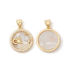 Aries Rack Plating Brass Shell Pendants, with Cubic Zirconia & Natural Shell, Flat Round with Constellation Charms, Cadmium Free & Lead Free, Long-Lasting Plated, Real 18K Gold Plated, Aries, 19x16x3mm, Hole: 4x3.5mm