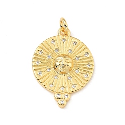 Real 18K Gold Plated Brass Micro Pave Cubic Zirconia Pendants, Cadmium Free & Lead Free, Flat Round with Human Face, Long-Lasting Plated, Real 18K Gold Plated, 23x17x3mm, Jump Ring: 5x1mm, 3mm Inner Diameter