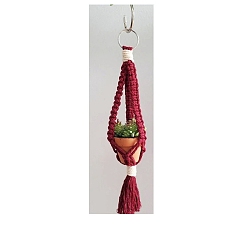 Dark Red Macrame Cotton Pendant Decorations, Boho Style Hanging Planter Baskets for Interior Car View Mirror Hanging Ornament, Dark Red, 300x40mm