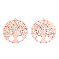 Rose Gold Rack Plating Brass Filigree Pendants, Long-Lasting Plated, Flat Round with Tree of Life Charm, Nickel Free, Rose Gold, 32x30x0.4mm, Hole: 1.2mm